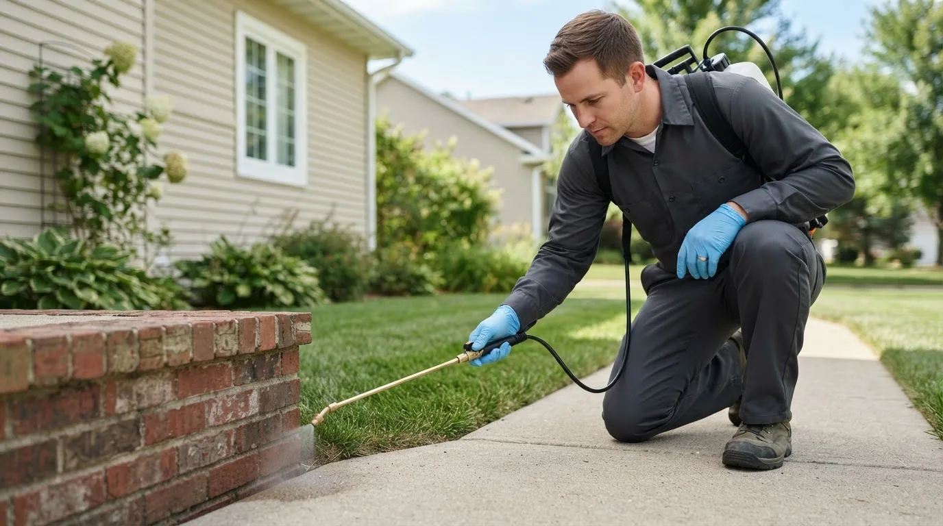 Pest control technician treating a home near Hastings, OK