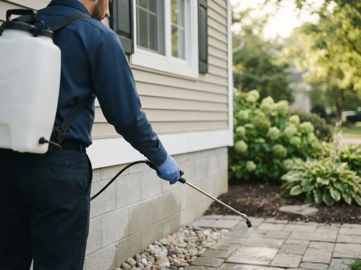 Pest control technician inspecting a home in Hastings, OK